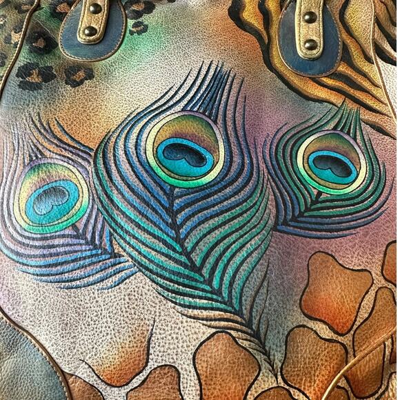 Anuschka Peacock Safari Hand Painted and Signed Leather Large Tote Bag - Picture 6 of 15
